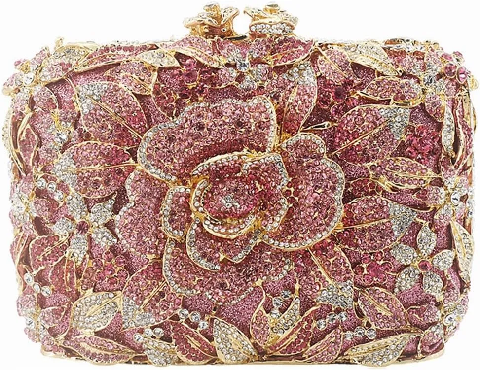 DJBM Vintage Women Floral Rhinestone Crystal Purse Rose Evening Clutch Diamond Evening Bags for Party Wedding Cocktail Prom