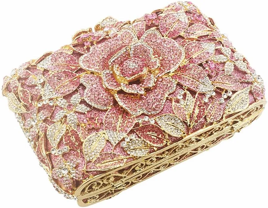 DJBM Vintage Women Floral Rhinestone Crystal Purse Rose Evening Clutch Diamond Evening Bags for Party Wedding Cocktail Prom