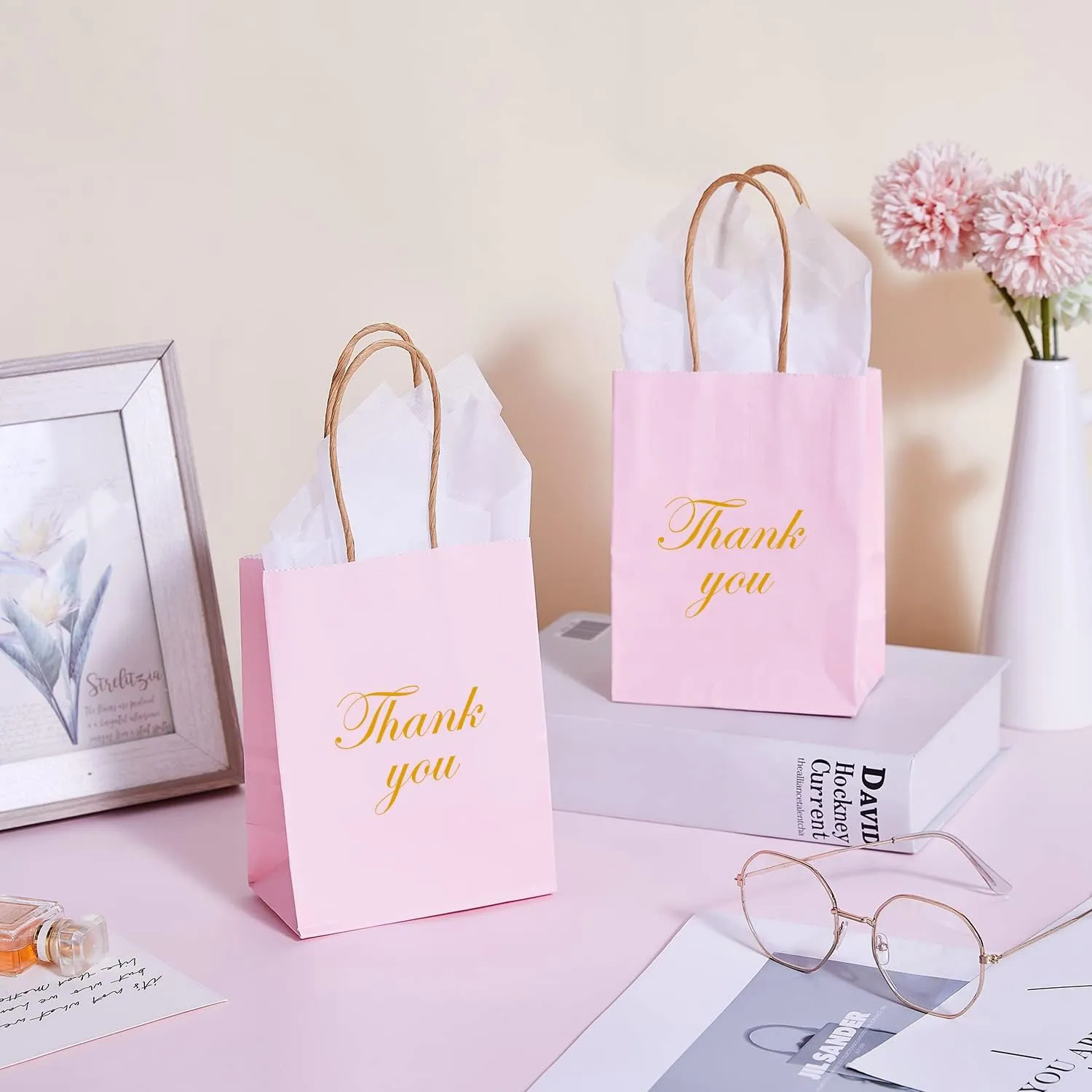 DjinnGlory 60 Pack Mini Pink Paper Bags with Handles Bulk 6.3x4.7x2.75 Inch for Birthday Wedding Baby Shower Party Favors, Treats, Goodies, Christmas Gifts, Tiny Small Business Bags