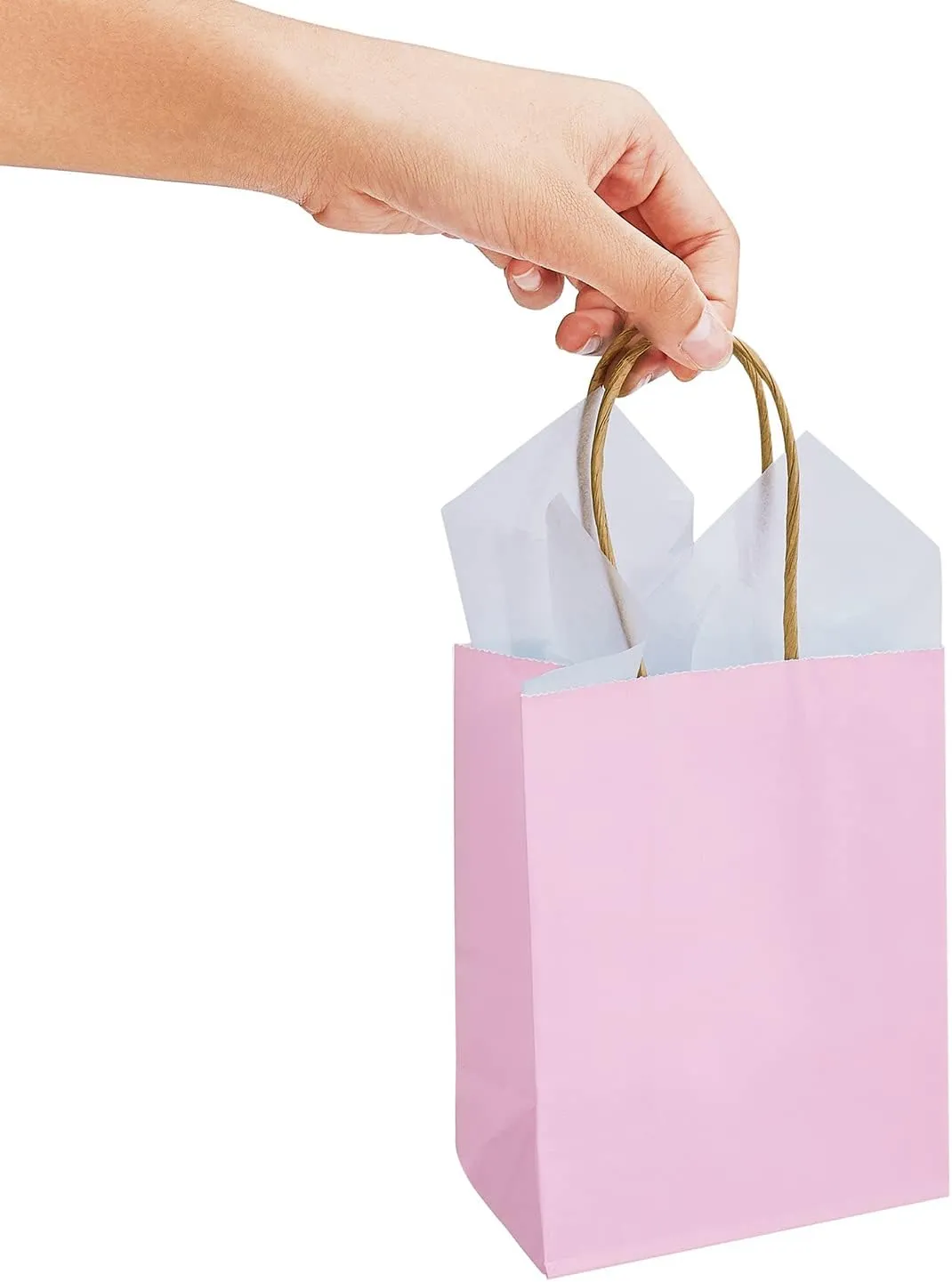 DjinnGlory 60 Pack Mini Pink Paper Bags with Handles Bulk 6.3x4.7x2.75 Inch for Birthday Wedding Baby Shower Party Favors, Treats, Goodies, Christmas Gifts, Tiny Small Business Bags