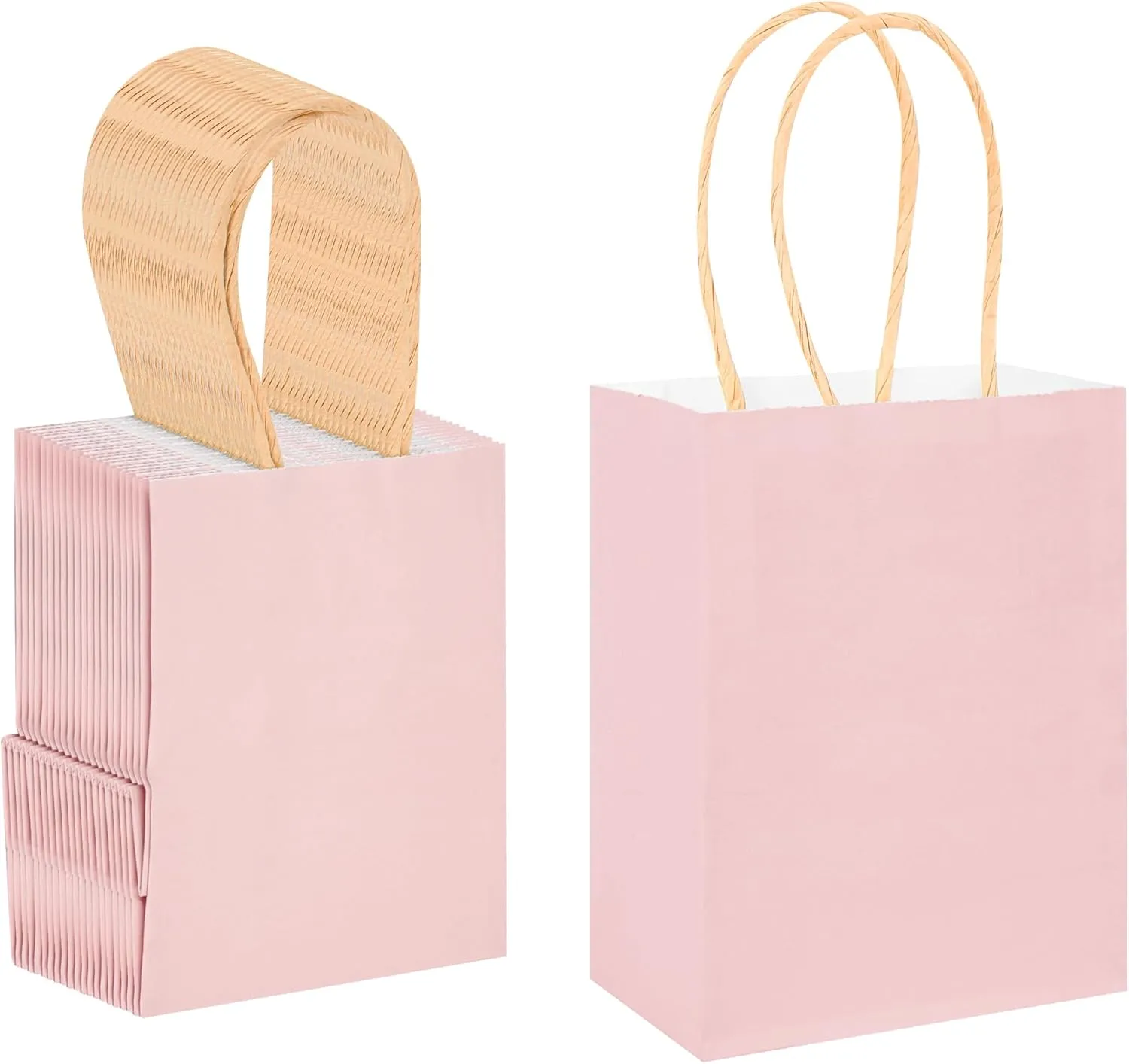 DjinnGlory 60 Pack Mini Pink Paper Bags with Handles Bulk 6.3x4.7x2.75 Inch for Birthday Wedding Baby Shower Party Favors, Treats, Goodies, Christmas Gifts, Tiny Small Business Bags