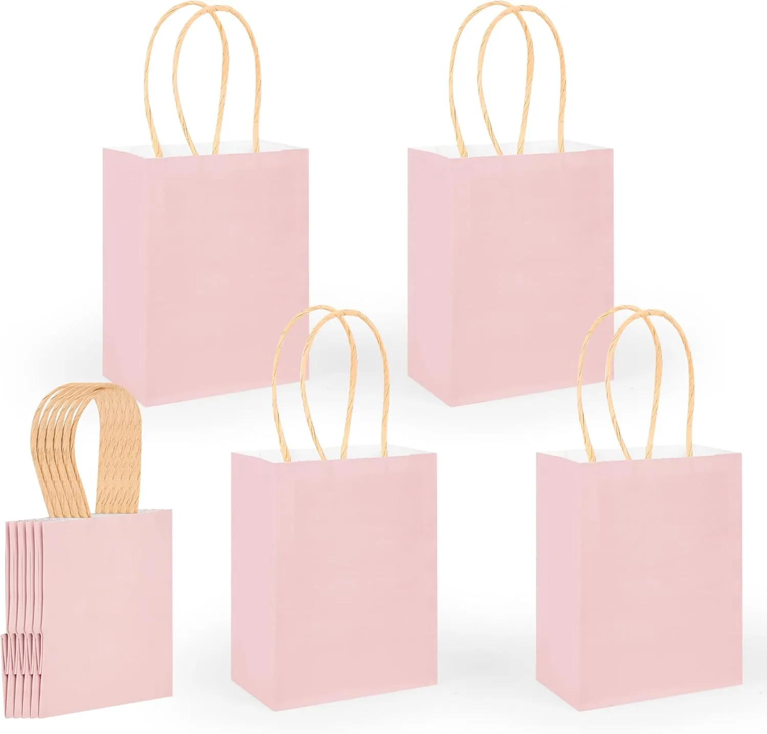 DjinnGlory 60 Pack Mini Pink Paper Bags with Handles Bulk 6.3x4.7x2.75 Inch for Birthday Wedding Baby Shower Party Favors, Treats, Goodies, Christmas Gifts, Tiny Small Business Bags