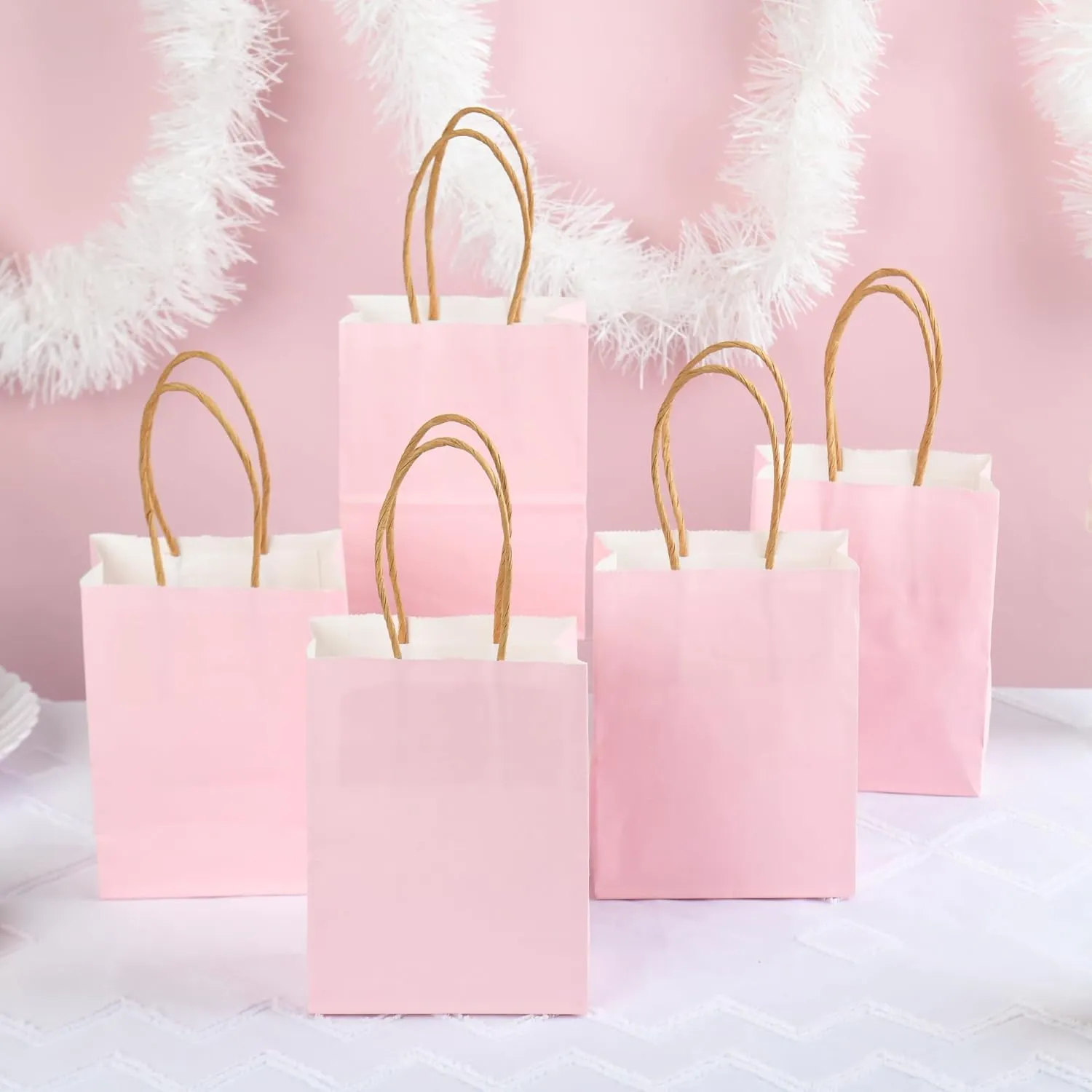 DjinnGlory 60 Pack Mini Pink Paper Bags with Handles Bulk 6.3x4.7x2.75 Inch for Birthday Wedding Baby Shower Party Favors, Treats, Goodies, Christmas Gifts, Tiny Small Business Bags