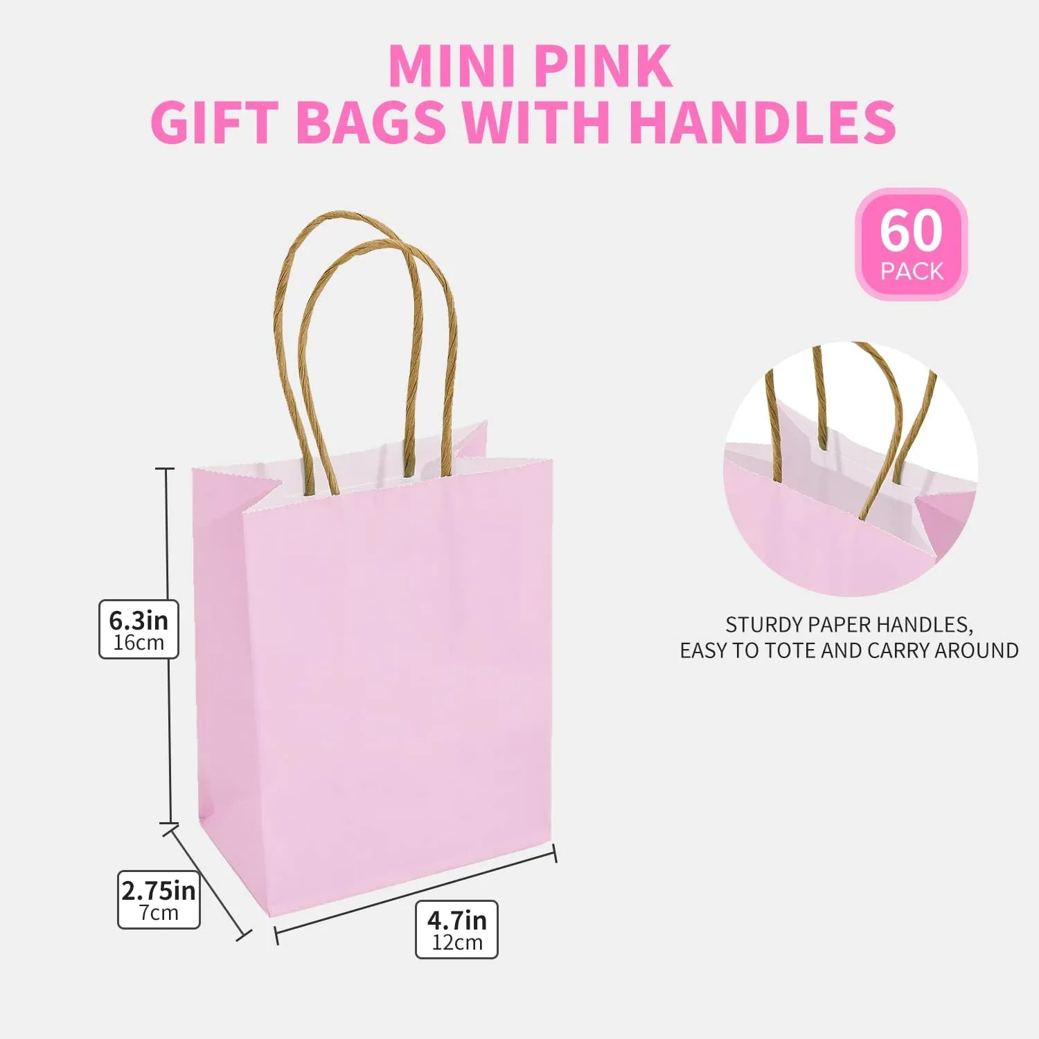 DjinnGlory 60 Pack Mini Pink Paper Bags with Handles Bulk 6.3x4.7x2.75 Inch for Birthday Wedding Baby Shower Party Favors, Treats, Goodies, Christmas Gifts, Tiny Small Business Bags