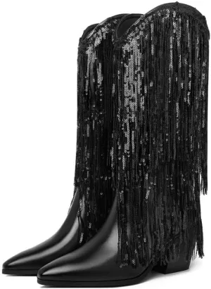 DOREENDORIS Fringe Boots for Women Metallic Cowboy Boots Pointed Toe Chunky Heel Mid Calf Sparkly Cowgirl Boots