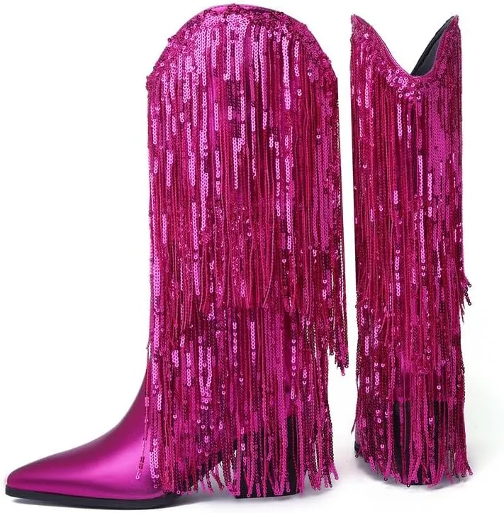 DOREENDORIS Fringe Boots for Women Metallic Cowboy Boots Pointed Toe Chunky Heel Mid Calf Sparkly Cowgirl Boots