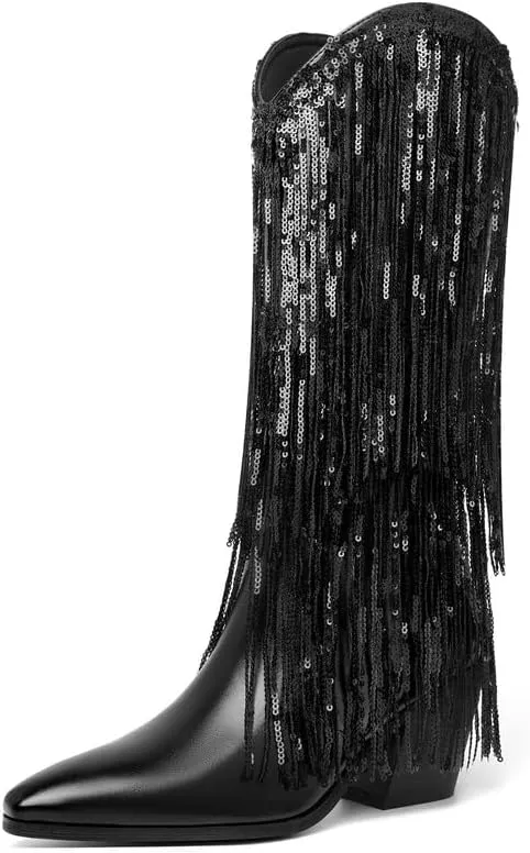 DOREENDORIS Fringe Boots for Women Metallic Cowboy Boots Pointed Toe Chunky Heel Mid Calf Sparkly Cowgirl Boots