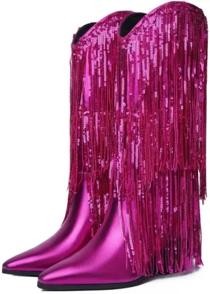 DOREENDORIS Fringe Boots for Women Metallic Cowboy Boots Pointed Toe Chunky Heel Mid Calf Sparkly Cowgirl Boots