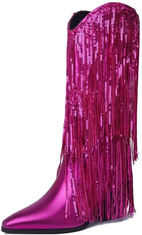 DOREENDORIS Fringe Boots for Women Metallic Cowboy Boots Pointed Toe Chunky Heel Mid Calf Sparkly Cowgirl Boots