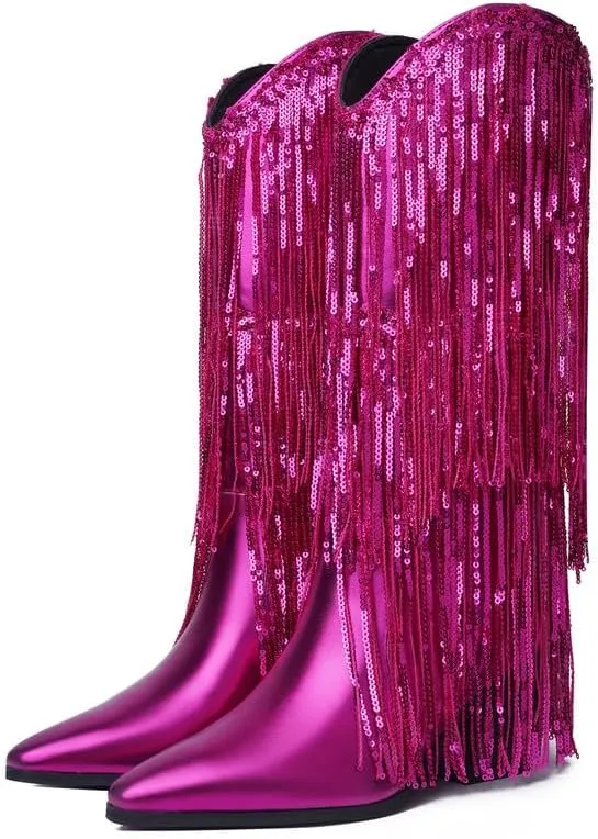 DOREENDORIS Fringe Boots for Women Metallic Cowboy Boots Pointed Toe Chunky Heel Mid Calf Sparkly Cowgirl Boots