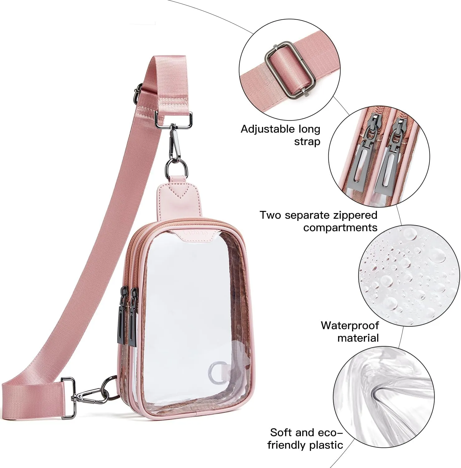 DOUBLE ZIP Clear bags Stadium Approved Crossbody Sling Bag Fanny Pack Purses for Women Men Belt bag for Stadium Events