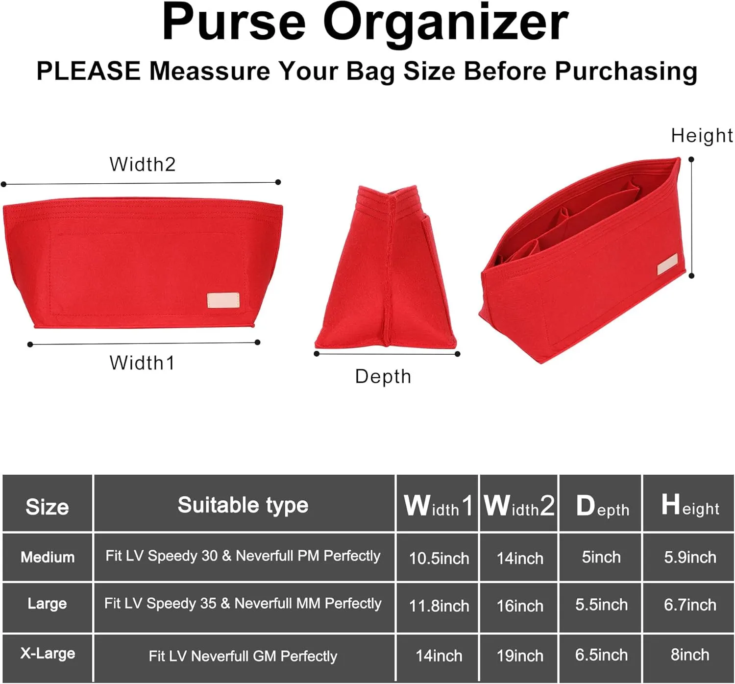 Doxo Purse Organizer Insert, Felt Bag Insert Tote Fit L Speedy 35, Neverfull PM & Base Shaper 2pc Set(Medium-Red-Combination)