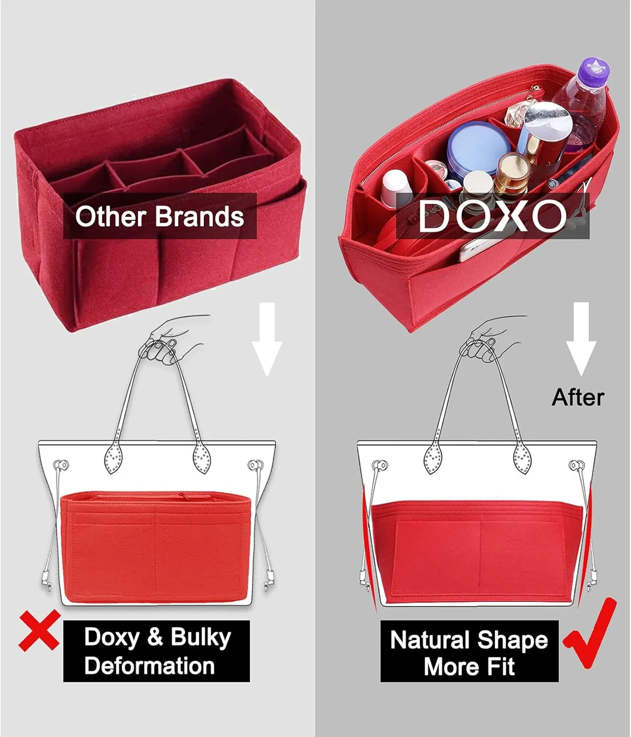 Doxo Purse Organizer Insert, Felt Bag Insert Tote Fit L Speedy 35, Neverfull PM & Base Shaper 2pc Set(Medium-Red-Combination)