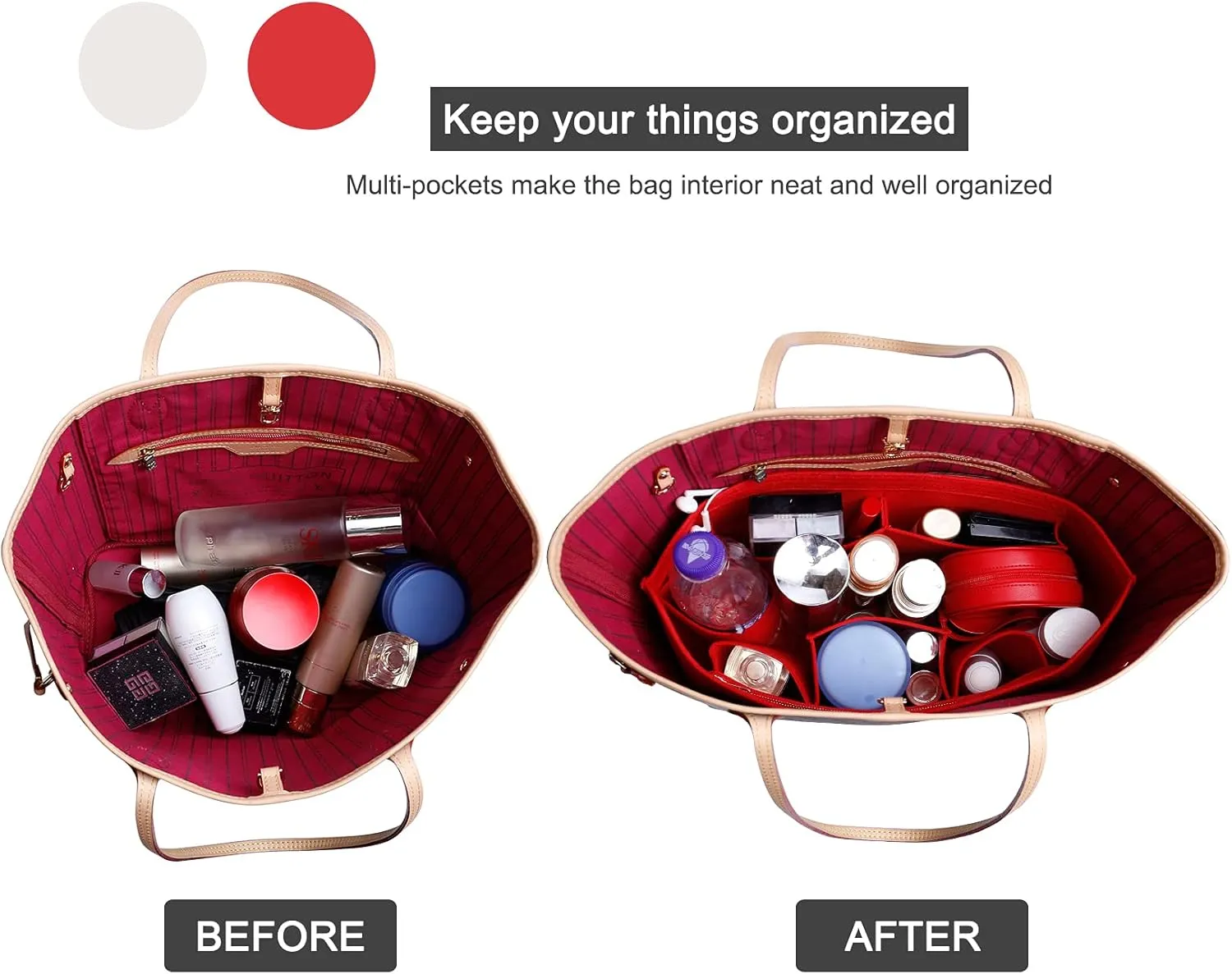 Doxo Purse Organizer Insert, Felt Bag Insert Tote Fit L Speedy 35, Neverfull PM & Base Shaper 2pc Set(Medium-Red-Combination)