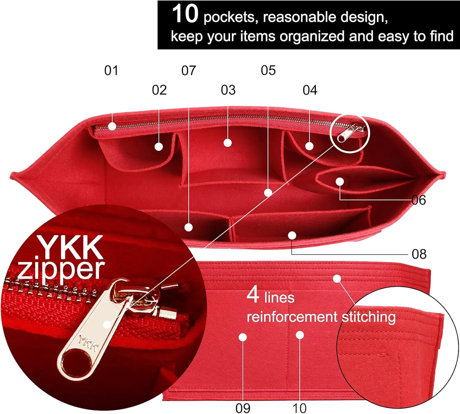 Doxo Purse Organizer Insert, Felt Bag Insert Tote Fit L Speedy 35, Neverfull PM & Base Shaper 2pc Set(Medium-Red-Combination)
