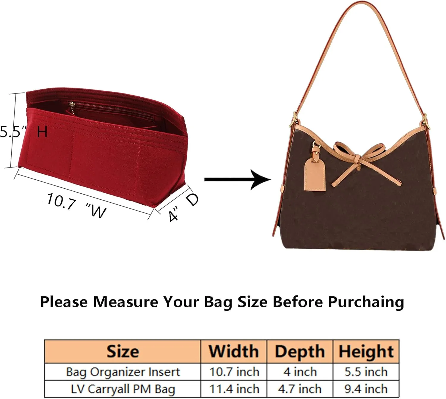 Doxo Purse Organizer Insert for Handbags, Felt Bag Organizer for Tote, Fit LV Carryall PM and More.(PM-Wine Red-Felt)