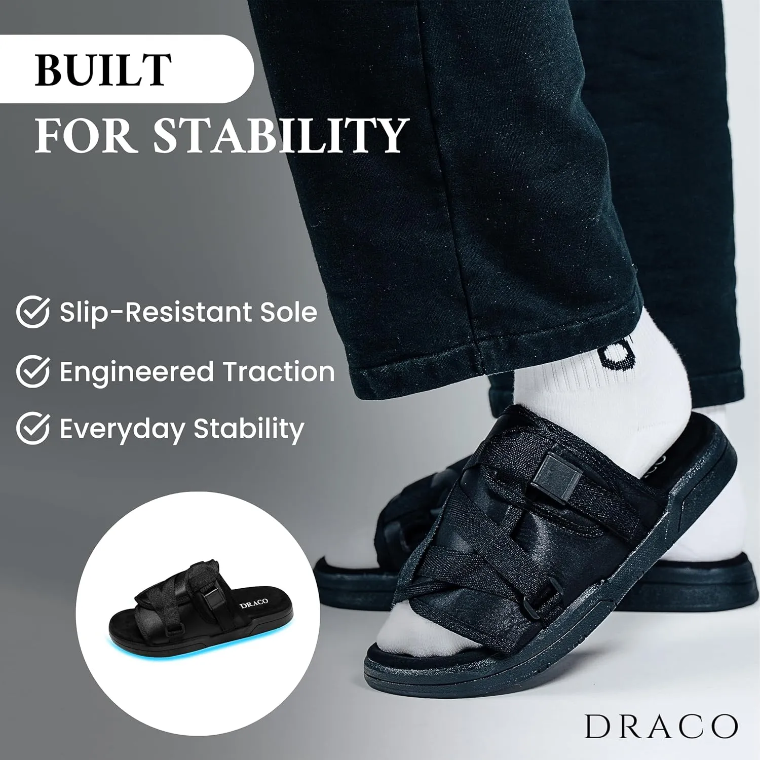 DracoSlides Original Slides for Men and Women, Made from Silk with Adjustable Straps for Wide/Narrow Feet, Sandals with Arch Support & Slip Resistant, Men & Women Footwear, Black