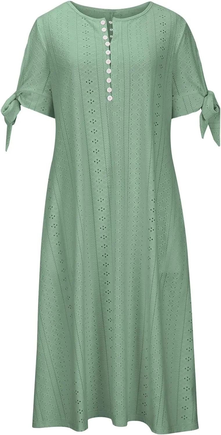 Dresses for Women 2024 Casual Eyelet Short Sleeve Button Long Dress Summer V Neck Going Out Maxi Dress with Pockets