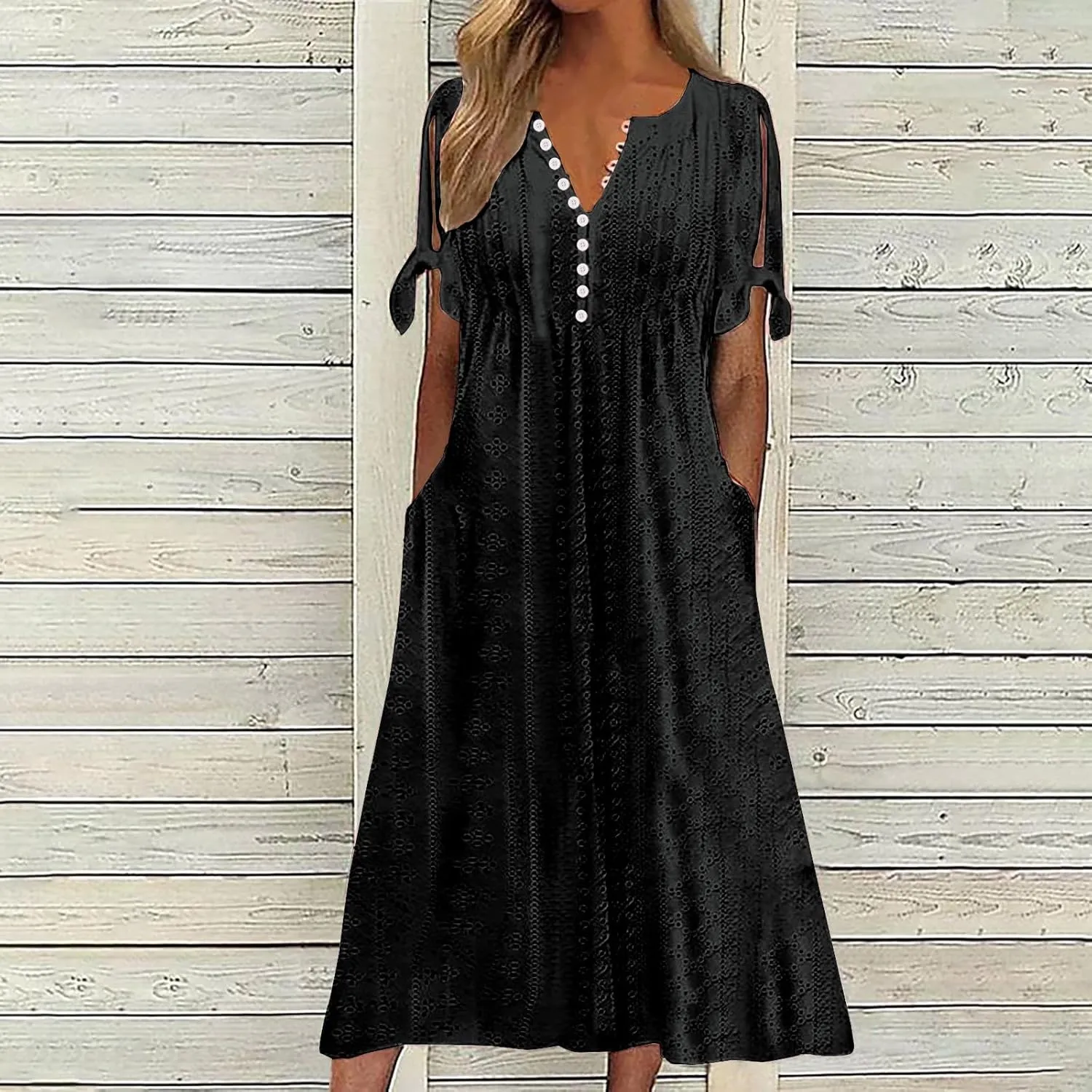 Dresses for Women 2024 Casual Eyelet Short Sleeve Button Long Dress Summer V Neck Going Out Maxi Dress with Pockets