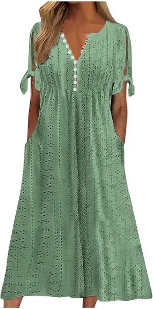 Dresses for Women 2024 Casual Eyelet Short Sleeve Button Long Dress Summer V Neck Going Out Maxi Dress with Pockets