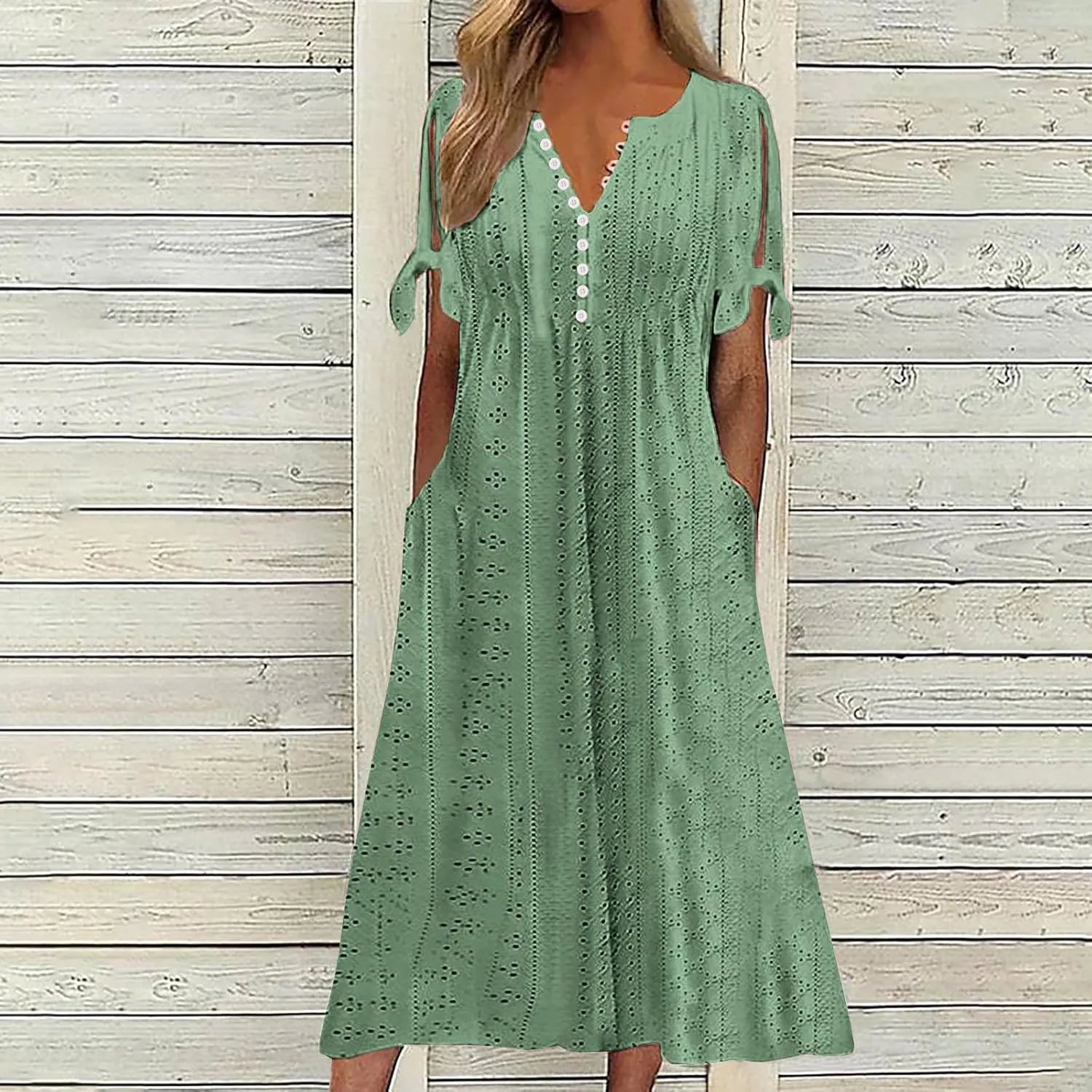 Dresses for Women 2024 Casual Eyelet Short Sleeve Button Long Dress Summer V Neck Going Out Maxi Dress with Pockets