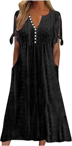 Dresses for Women 2024 Casual Eyelet Short Sleeve Button Long Dress Summer V Neck Going Out Maxi Dress with Pockets