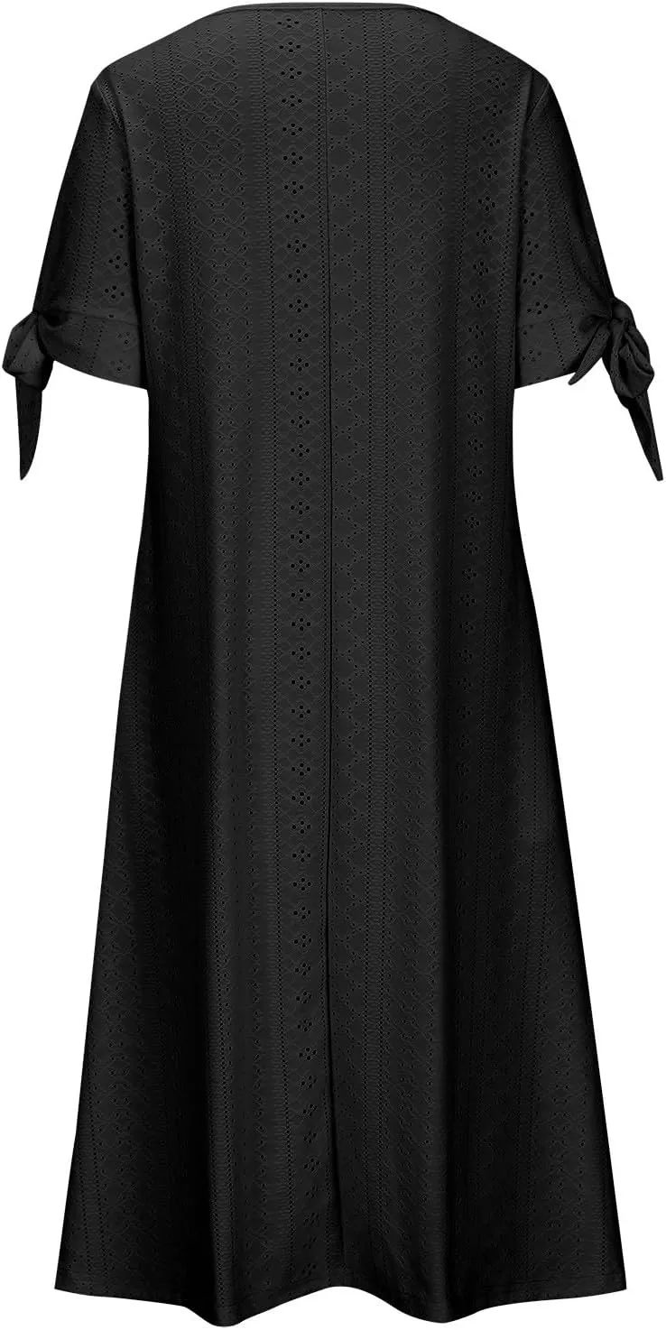 Dresses for Women 2024 Casual Eyelet Short Sleeve Button Long Dress Summer V Neck Going Out Maxi Dress with Pockets