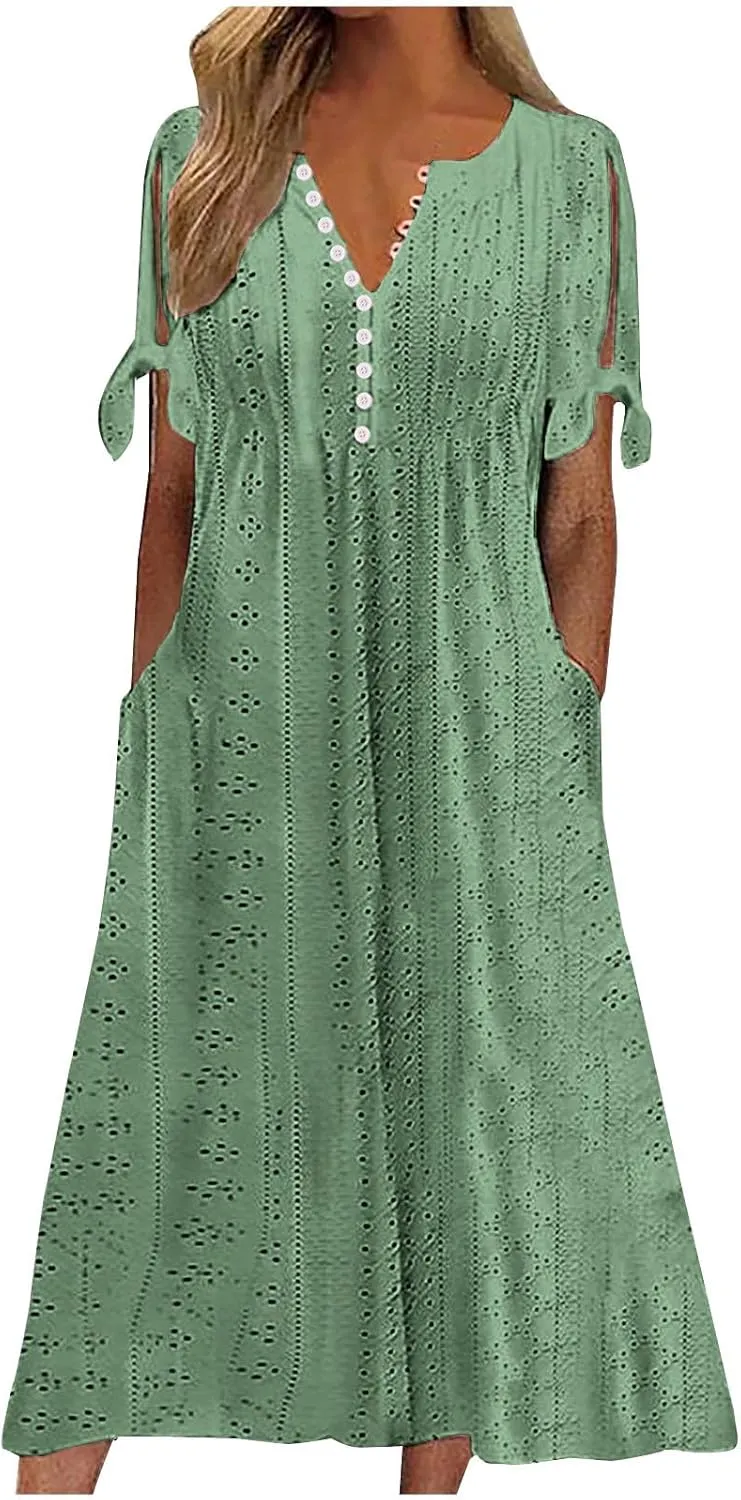 Dresses for Women 2024 Casual Eyelet Short Sleeve Button Long Dress Summer V Neck Going Out Maxi Dress with Pockets