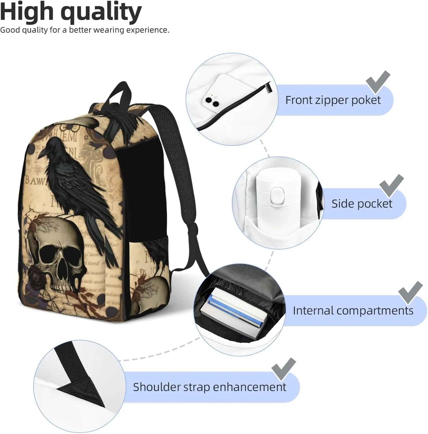 Edgar Allan Poe The Raven Skull Backpack with Adjustable Straps, Suitable for Travel Picnics Activities