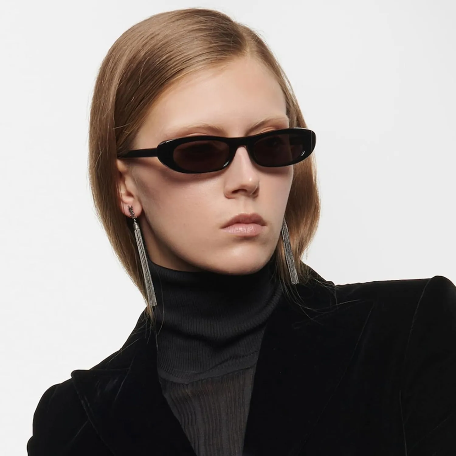 Elongated Narrow Cat Eye Sunglasses for Women 90s Retro Womens Oval Sunglasses Fashion Small Black Shades