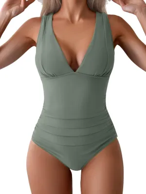 Eomenie One Piece Swimsuit for Women Tummy Control Plunge V Neck Bathing Suit Slimming Wide Straps Swimwear