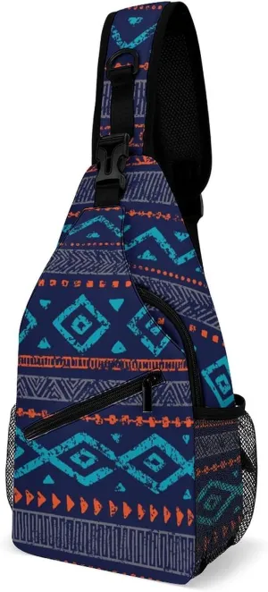 Ethnic Boho Print Sling Bag Crossbody for Women Men Lightweight Adjustable Extender Strap Aztec Tribal Patterns Shoulder Backpack with Water Bottle Holder Casual Daypack for Hiking Travel