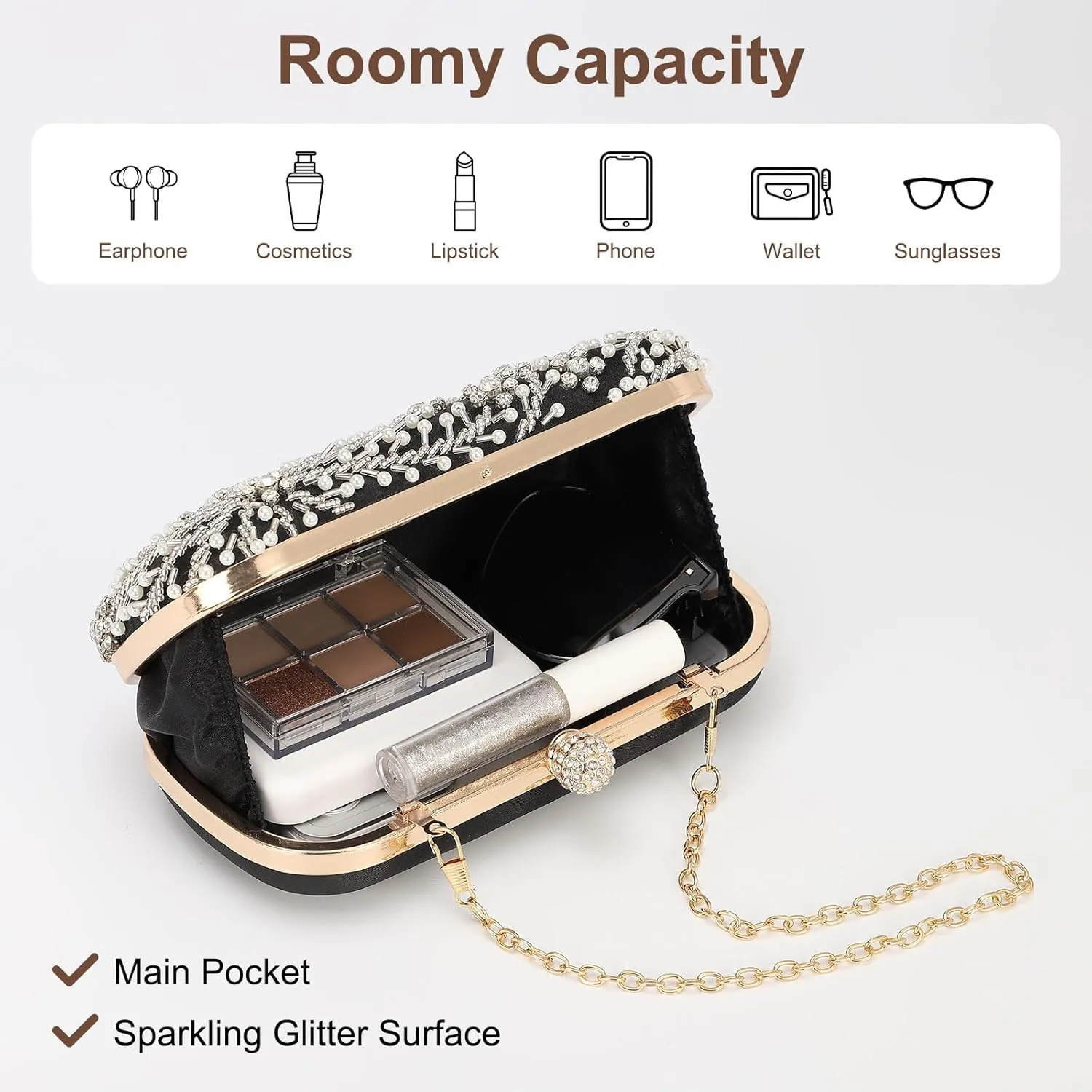 Evening Bags Clutch Purses for Women Formal, Bridal Purses Rhinestone Handbags Shoulder Bag with Chain Sparkly