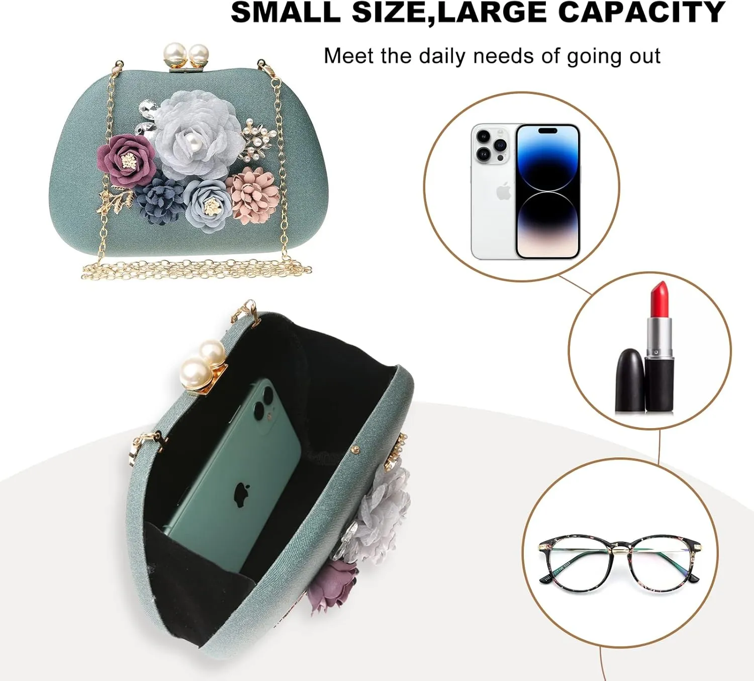 Evening HandBags for Women Flower Wedding Clutch Purse Satin Floral Ladies Party Crossbody Bag