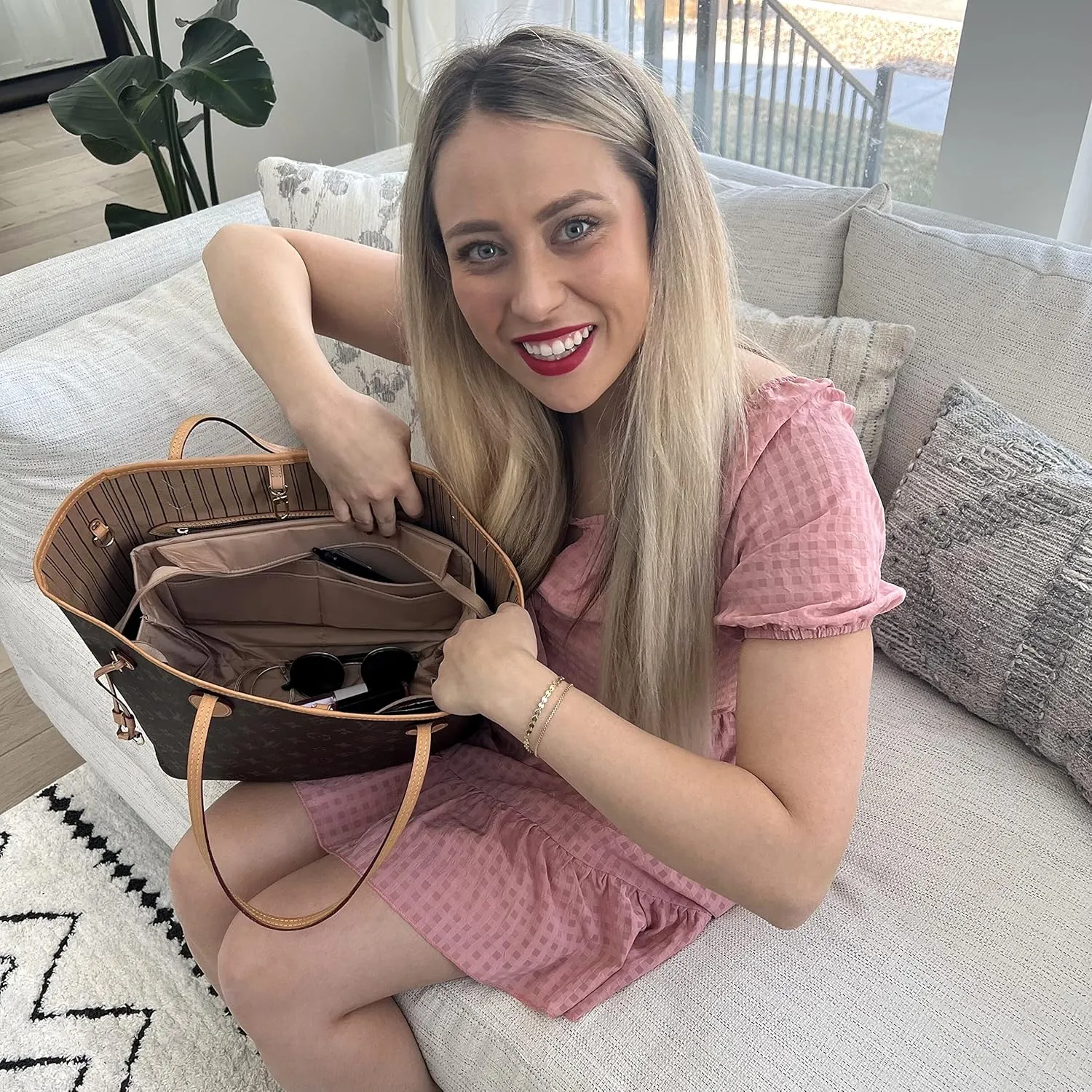 Exclusive Zippered Purse Organizer Insert For Handbags, Shaper For Speedy, Neverfull, On The Go & Graceful Totes (Extra Jumbo (Short), Tan)