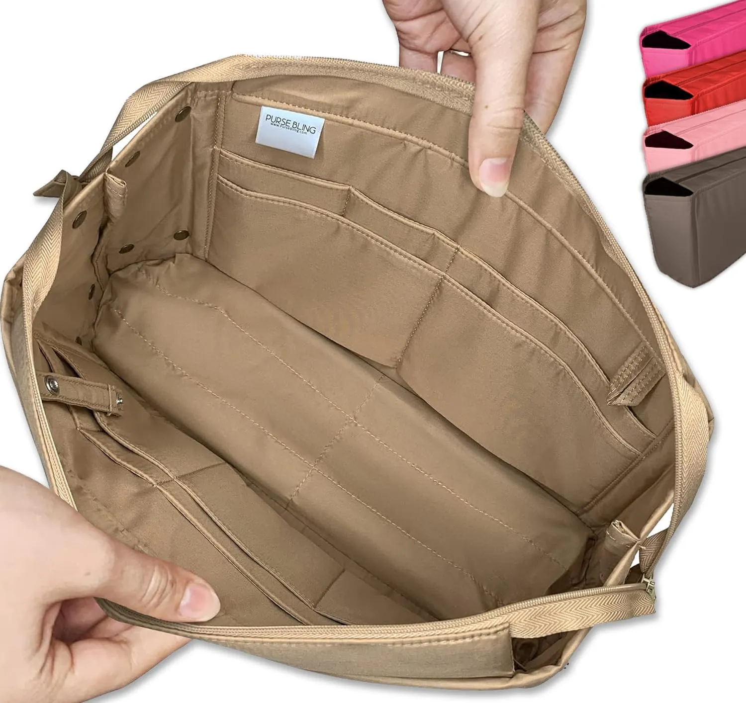 Exclusive Zippered Purse Organizer Insert For Handbags, Shaper For Speedy, Neverfull, On The Go & Graceful Totes (Extra Jumbo (Short), Tan)