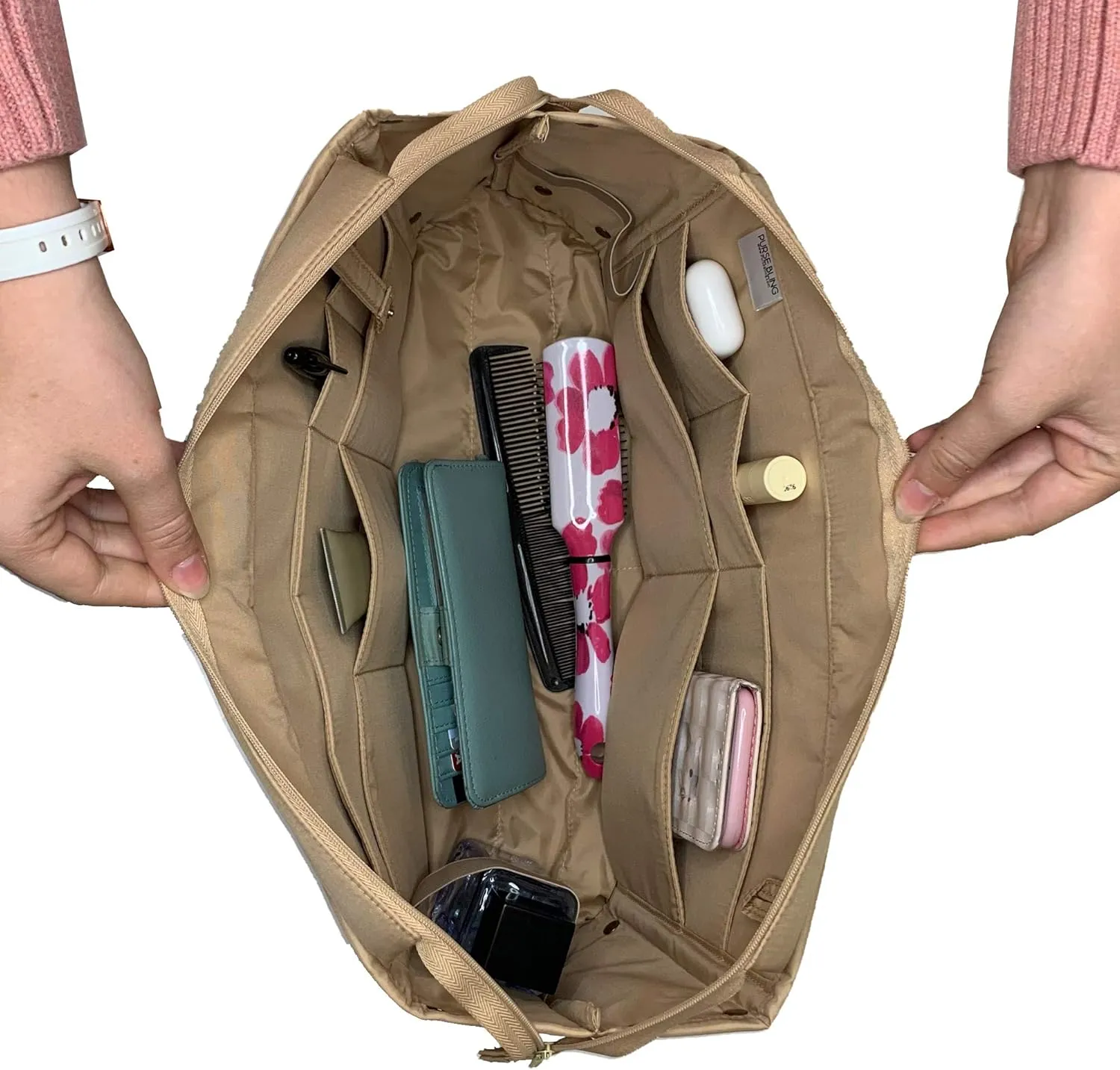 Exclusive Zippered Purse Organizer Insert For Handbags, Shaper For Speedy, Neverfull, On The Go & Graceful Totes (Extra Jumbo (Short), Tan)