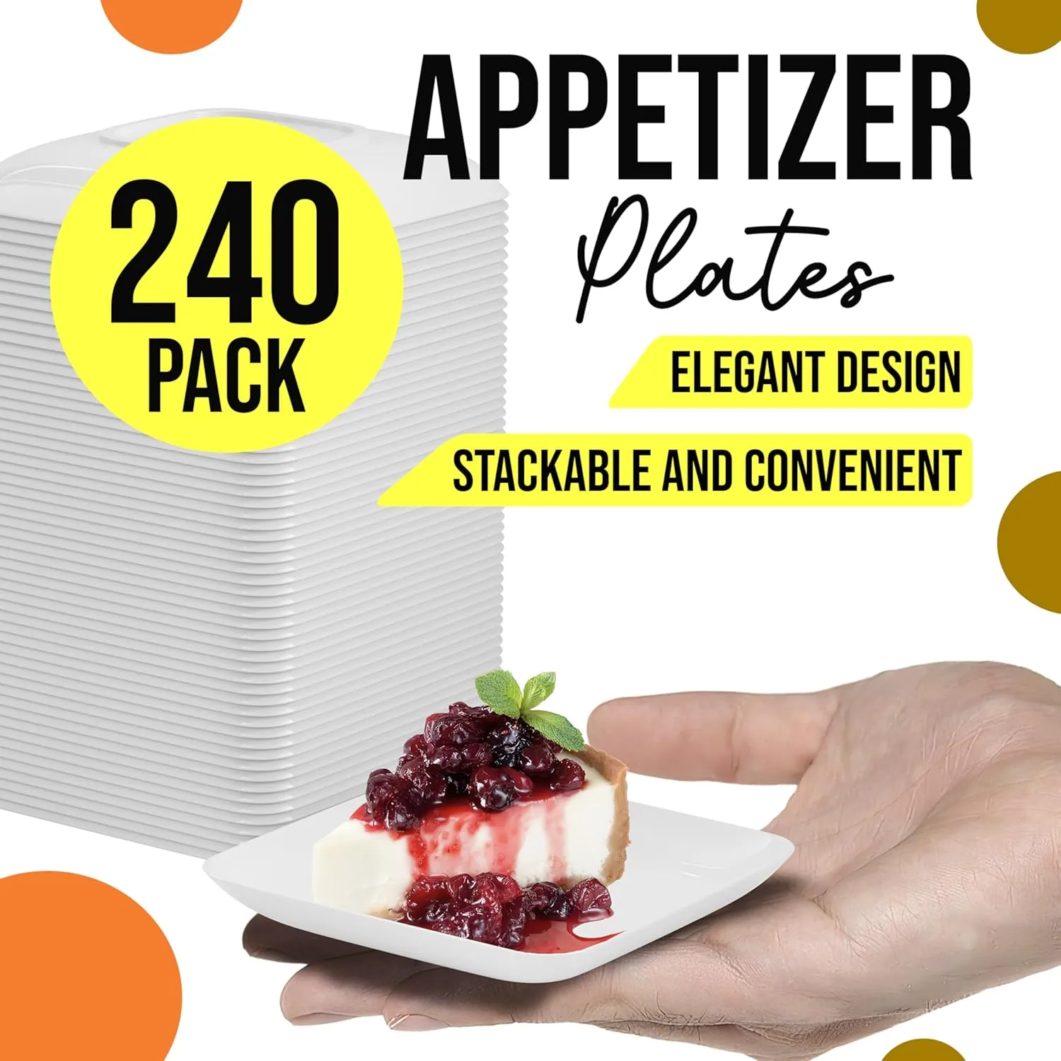 Exquisite Tiny Mini Appetizer Plates - 240 Pack 2.4 In. x 2.4 In. White Plastic Disposable Dessert Plates - BPA Free for Weddings