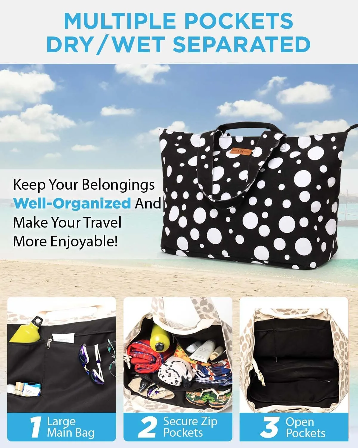 Extra Large Beach Bag for Women - Waterproof Sandproof Over-Size Carry On Beach Tote with 5 Pockets Gifts for Women