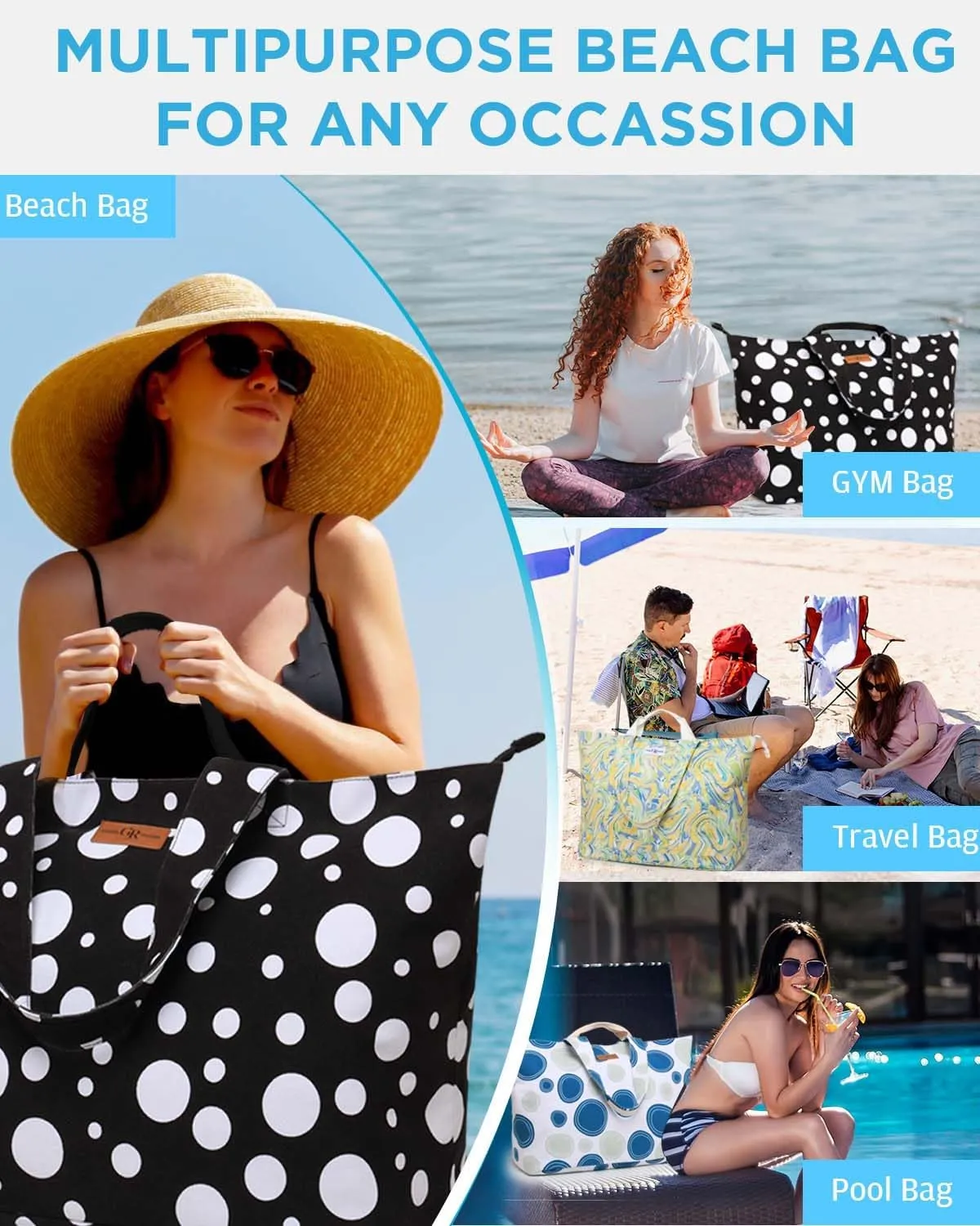 Extra Large Beach Bag for Women - Waterproof Sandproof Over-Size Carry On Beach Tote with 5 Pockets Gifts for Women