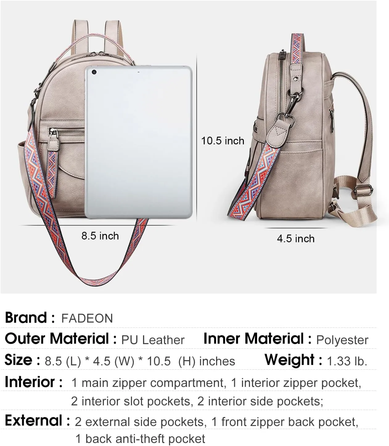 FADEON Mini Backpack Purse for Women, Designer Leather Cute Roomly Small Backpacks, Ladies Shoulder Backpack Fashion Handbag