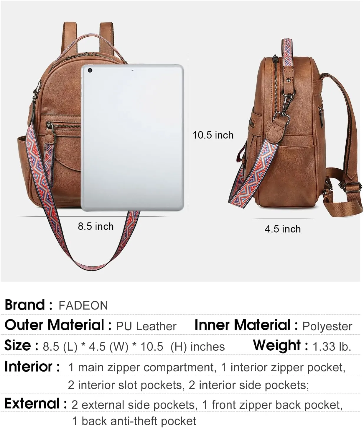 FADEON Mini Backpack Purse for Women, Designer Leather Cute Roomly Small Backpacks, Ladies Shoulder Backpack Fashion Handbag