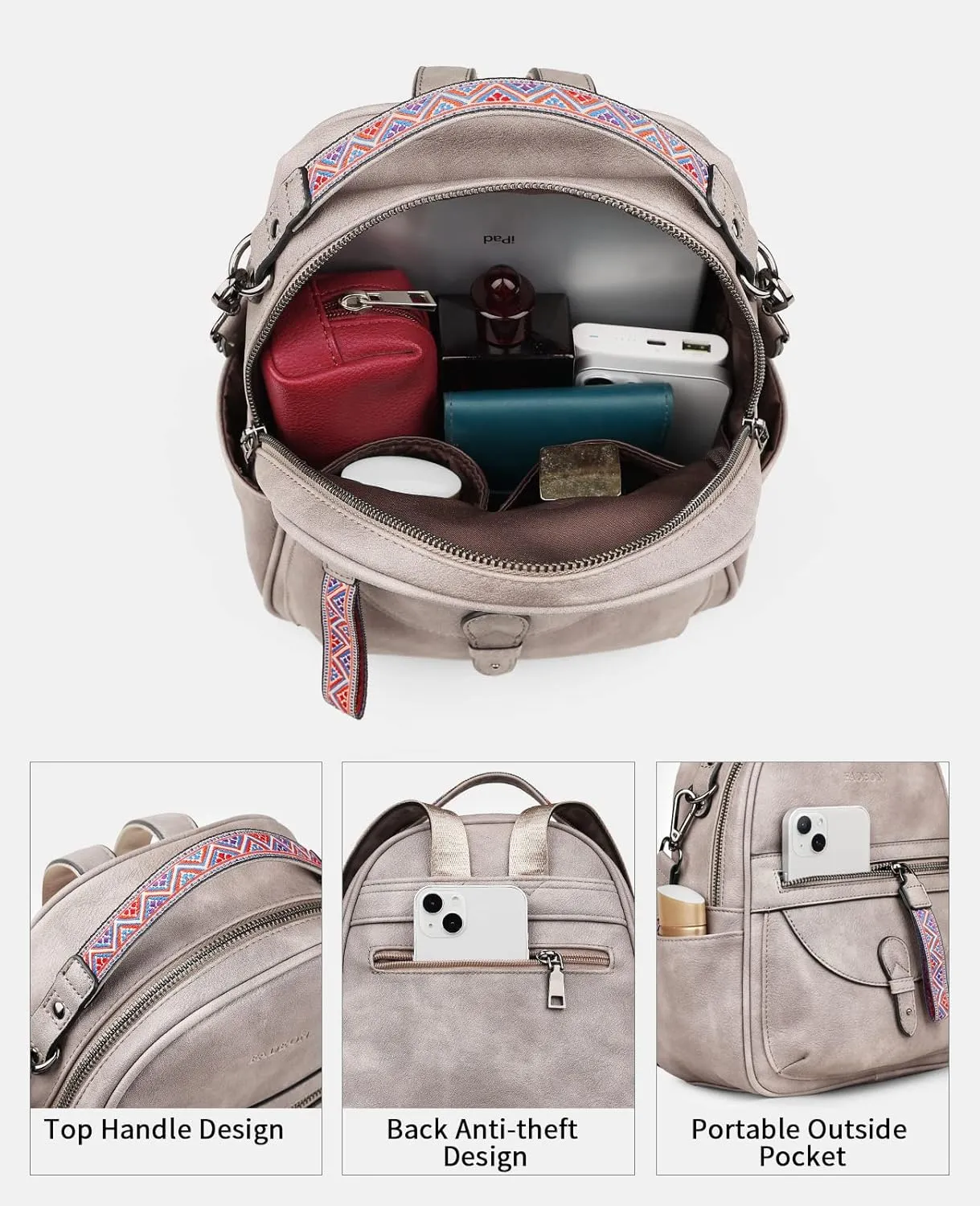 FADEON Mini Backpack Purse for Women, Designer Leather Cute Roomly Small Backpacks, Ladies Shoulder Backpack Fashion Handbag