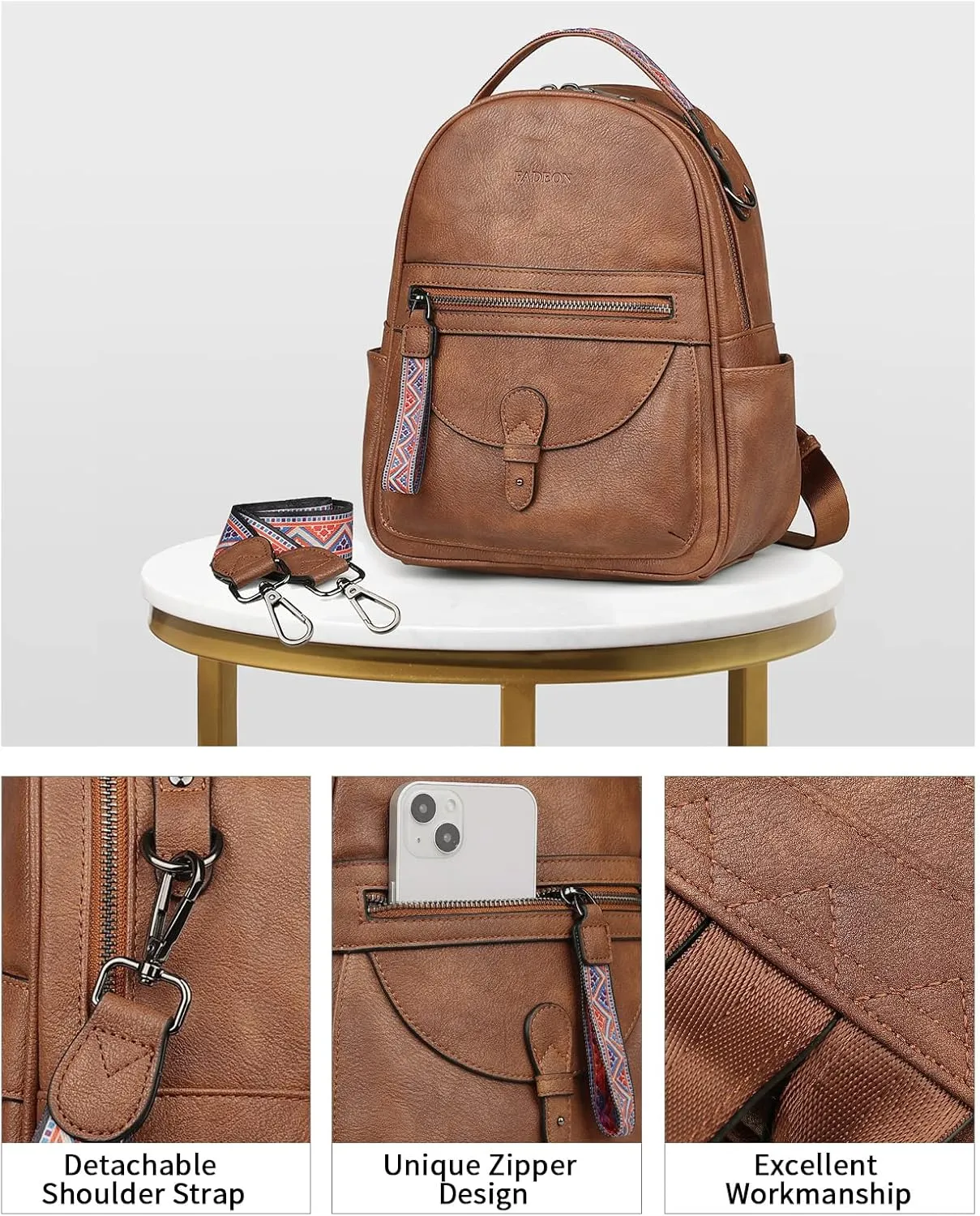FADEON Mini Backpack Purse for Women, Designer Leather Cute Roomly Small Backpacks, Ladies Shoulder Backpack Fashion Handbag