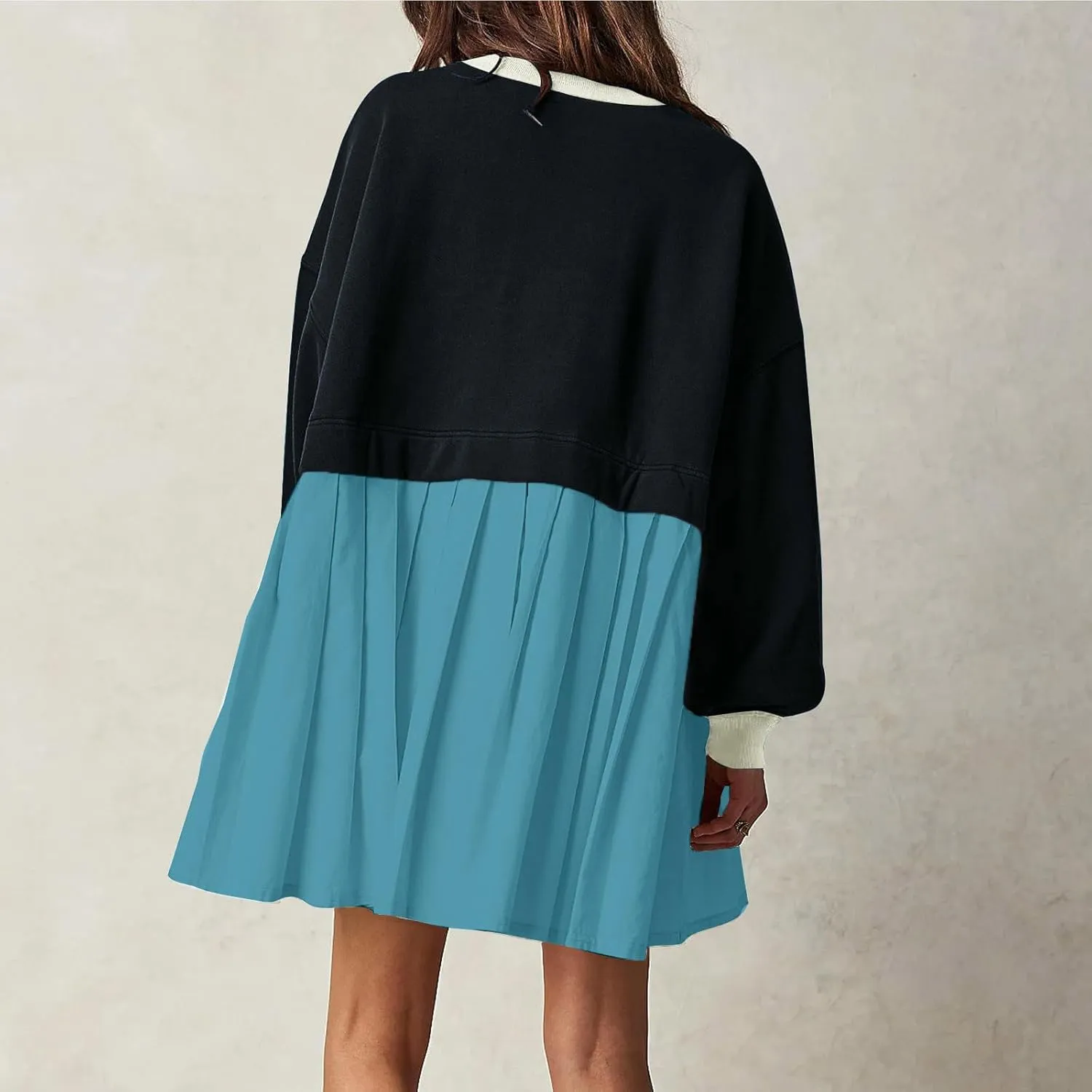 Fall Dress for Women 2024 Cute Color Block Long Sleeve Crewneck Sweatshirt Dresses Causal Fashion Ruffle Mini Dress