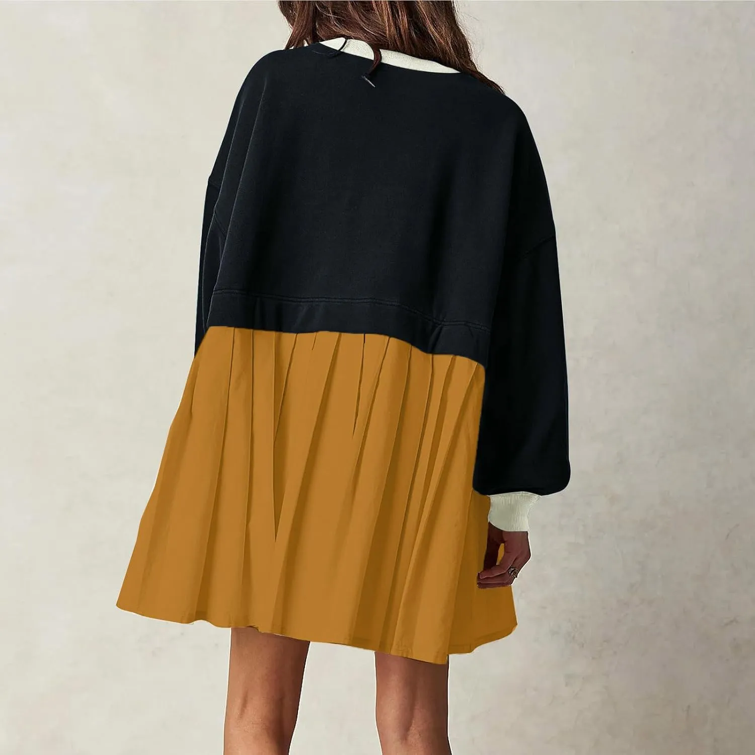 Fall Dress for Women 2024 Cute Color Block Long Sleeve Crewneck Sweatshirt Dresses Causal Fashion Ruffle Mini Dress