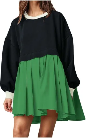 Fall Dress for Women 2024 Cute Color Block Long Sleeve Crewneck Sweatshirt Dresses Causal Fashion Ruffle Mini Dress