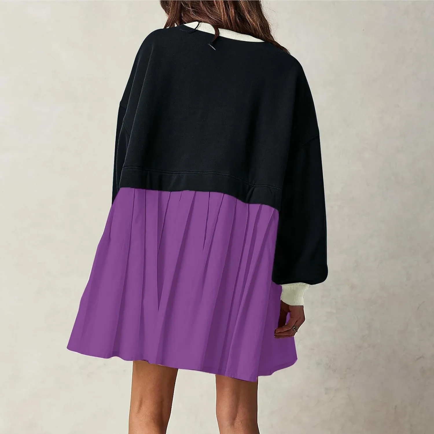 Fall Dress for Women 2024 Cute Color Block Long Sleeve Crewneck Sweatshirt Dresses Causal Fashion Ruffle Mini Dress