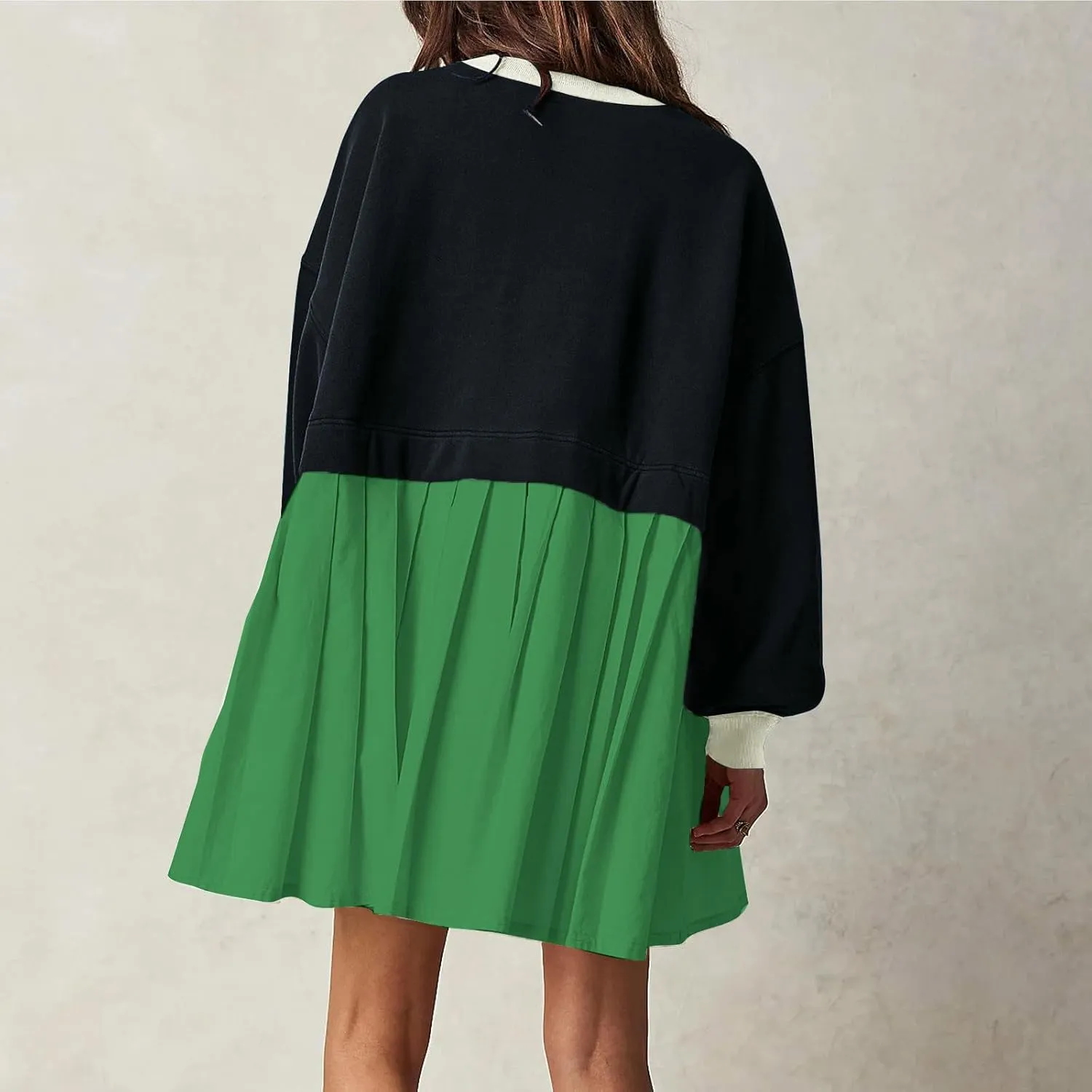 Fall Dress for Women 2024 Cute Color Block Long Sleeve Crewneck Sweatshirt Dresses Causal Fashion Ruffle Mini Dress