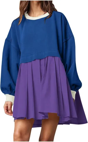 Fall Dress for Women 2024 Cute Color Block Long Sleeve Crewneck Sweatshirt Dresses Causal Fashion Ruffle Mini Dress